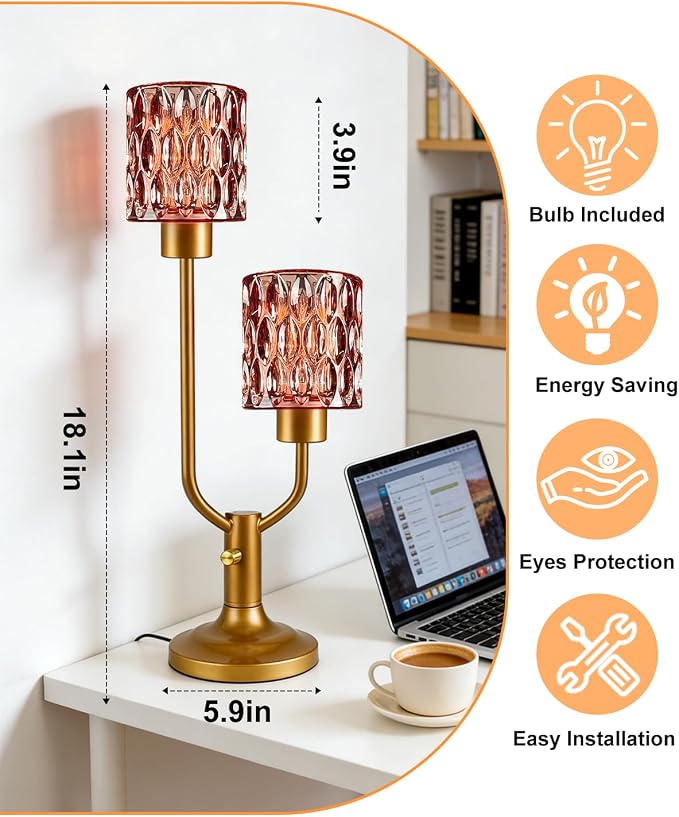Lightdot Mid Century Modern Table Lamp Dimmable Nightstand Lamp Red Glass Vintage Gold Desk Lamp 2 Bulbs Included Warmwhite Ambient Bedside Lamps for Living Room Bedroom Girls Room Home Office Decor