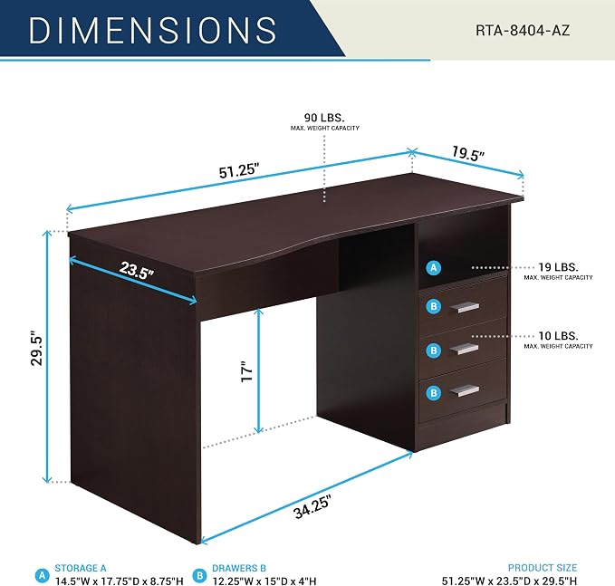 Techni Mobili 51" W Classic Computer Desk with Drawers, 3-Drawer Home Office Desk with Storage (Brown)