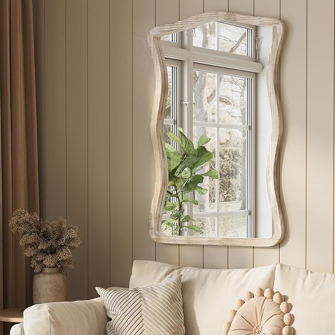 ULIKE Wavy Wall Mirror for Bathroom, 24x36 Wood Frame Mirror for Over Sink, Rustic Wall Mirrors Decorative and Vanity Mirrors for Bedroom Living Room Entryway, White
