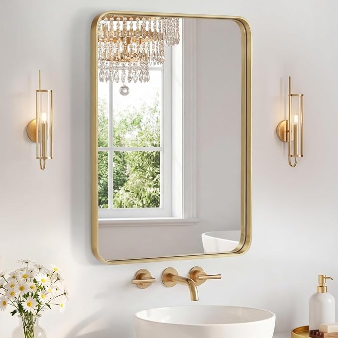 NEWBULIG 20X28 Inch Bathroom Mirror for Over Sink, Wall Vanity Mirrors Tempered Glass, Anti-Rust Metal Framed Rounded Rectangle, Hangs Horizontally or Vertically, Farmhouse Home Decor, Gold