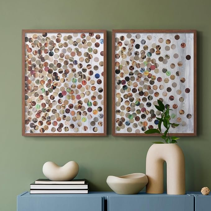Renditions Gallery Set of 2 Peel & Stick Framed Prints, Textured Abstract Wall Art, Scattered Circular Cutouts Wall Decor, Re-Stickable - Ready to Hang - 22"x28" - Walnut Frame LT588
