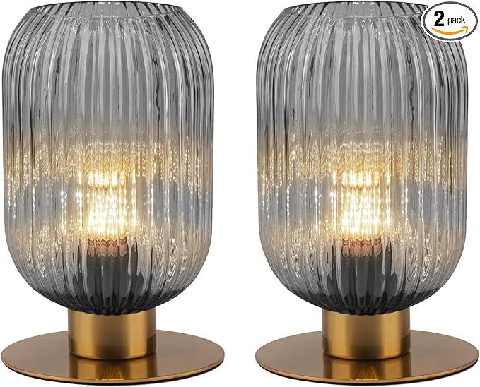Bedroom Small Lamps Set of 2, Smoke Glass Table Lamp Living Room Side Table Lamp, Mid Century Modern Gray Bedside Lamp with On/Off Switch, Vintage Plug in Gold Lamps for Nightstand
