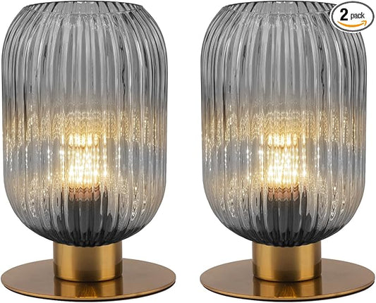 Bedroom Small Lamps Set of 2, Smoke Glass Table Lamp Living Room Side Table Lamp, Mid Century Modern Gray Bedside Lamp with On/Off Switch, Vintage Plug in Gold Lamps for Nightstand