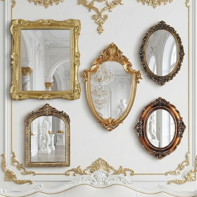 Wonderjune 5 Pcs Vintage Gold Mirror Set for Wall Decorative Resin Frame Ornate Antique Hanging and Tabletop Mirror for Home Dresser Gallery Decor Photography Props Gift (Ornate Style)