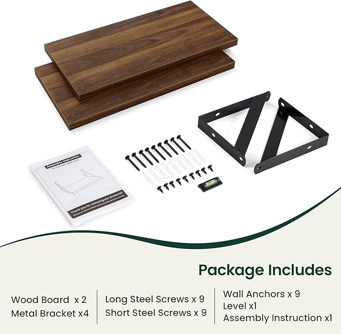 Floating Shelves, 8 Inch Deep Rustic Wood Wall Storage, 16W x 8D Wall Shelves Set of 2, Heavy Duty Metal Brackets, Industrial Book Shelf for Living Room, Kitchen, Bathroom, Bedroom, Walnut