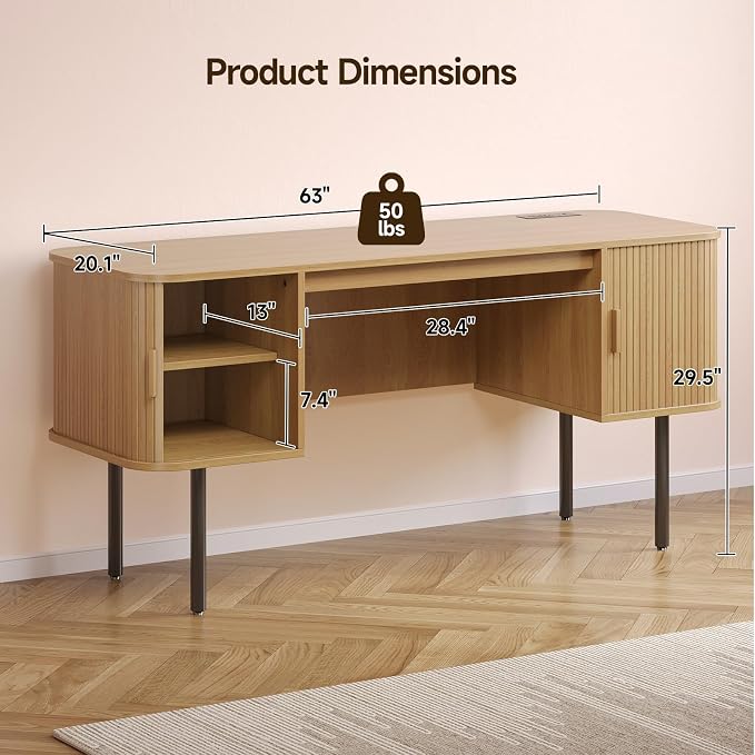 ONBRILL 63 Inch Fluted Computer Desk with Charging Station, Mid Century Executive Desk with 2 Storage Cabinets, Modern Home Office Large Desk with Metal Legs for Working, Studying, Writing, Oak