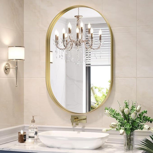 Brightify Gold Oval Mirror for Bathroom 20x33 Inch, Metal Framed Bathroom Vanity Mirrors, Modern Wall Mirror for Bedroom Living Room Wall Decorative Hang Vertical and Horizontal