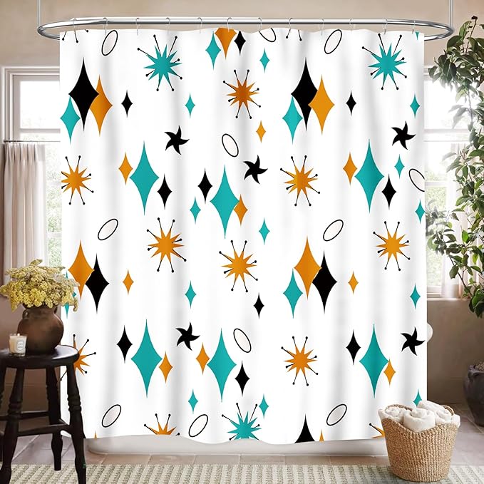 Mid Century Shower Curtain for Bathroom, Vintage Teal Orange Abstract Geometric Atomic Iconic Modern Retro 1950s 1960s Rustic Waterproof Fabric Shower Curtain Set with Hooks, 72"x84"