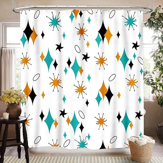 Mid Century Shower Curtain for Bathroom, Vintage Teal Orange Abstract Geometric Atomic Iconic Modern Retro 1950s 1960s Rustic Waterproof Fabric Shower Curtain Set with Hooks, 72"x84"