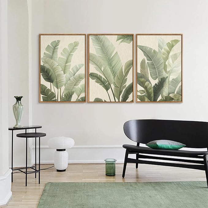 Rantodecor Sage Green Framed Canvas Wall Art, Minimalist Tropical Leaf Wall Decor, Boho Beige Nature Leaf Art Paintings, Bohemian Triple Panel Plant Artwork for Bedroom Living Room Office 16"x24"x3