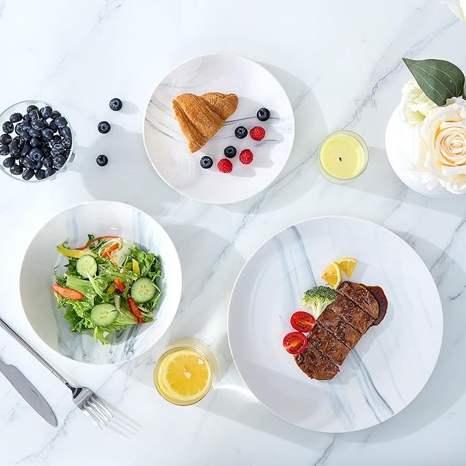 Bestone 12-Piece Round Kitchen Dinnerware Set, Plates, Bowls, Service for 4, Blue and White Marble