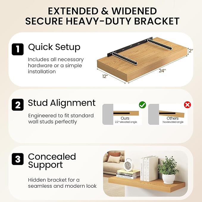 Fun Memories 72 Inch Floating Shelves, 12 Inch Deep Wall Shelf for Fireplace Mantel, Deep Storage Shelves for Home & Office, Long Floating Shelf with Invisible Bracket, Oak, Set of 2