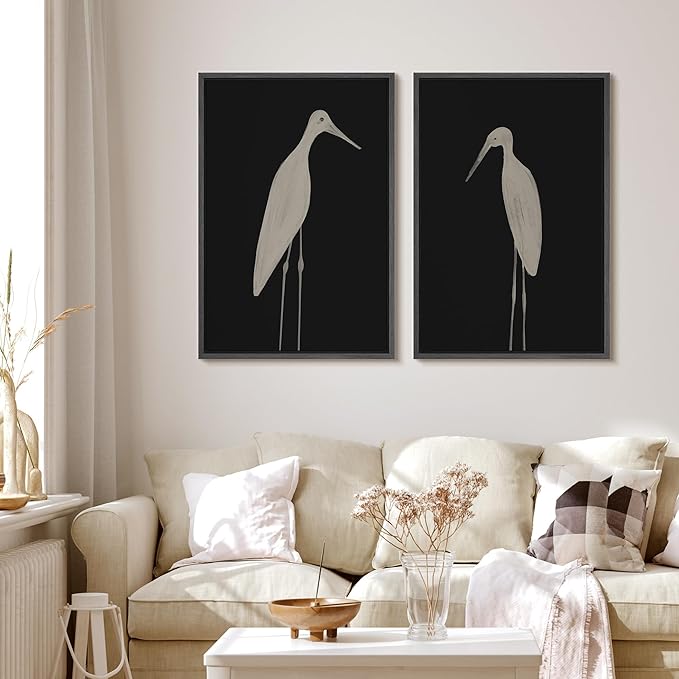 MUDECOR Framed Canvas Print Wall Art Minimalist Crane Silhouettes Illustrations Modern Art Decorative Bohemian Colorful for Living Room, Bedroom, Office - 24"x36"x2 Black