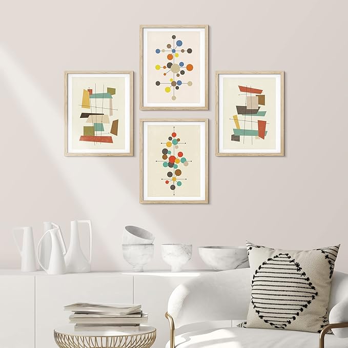 SIGNWIN Framed Mid-Century Modern 1960s Vintage Nordic Polygons Wall Art, Set of 4 Abstract Geometric Wall Decor Prints, Nature Wilderness Wall Décor for Living Room, Bedroom - 11"x14" Natural