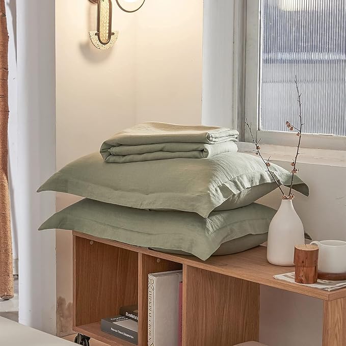 Simple&Opulence 100% Linen Duvet Cover Set, 3 PCS Natural French Flax Sage Green Duvet Cover Queen Size, Breathable Soft Comfy Linen Bedding Comforter Cover with 2 Pillowcases(Sage Green, 88"x92")