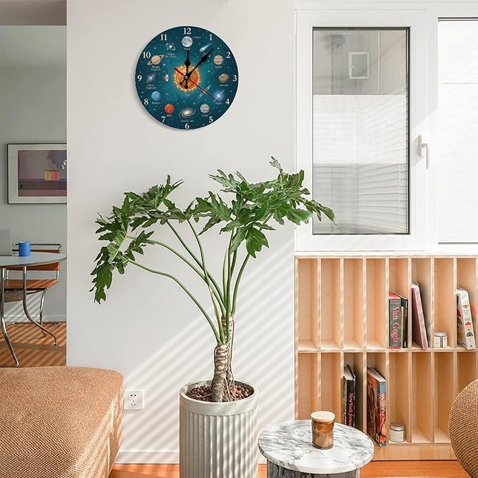 Solar System Galaxy Wooden Wall Clock Silent Non Ticking for Kids Room Decor & Office, 10/12 Inch Round Frameless Battery Operated Home Decor Gift