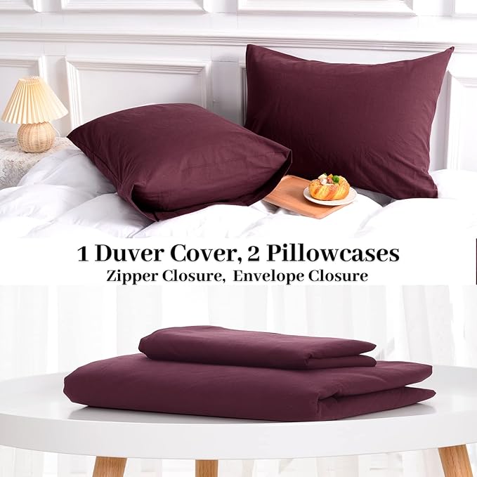 NEXHOME PRO Duvet Cover Set 100% Washed Cotton Full Size Linen Feel Textured Organic Natural 3 Pieces Bedding Set with Zipper Closure and Corner Ties, Breathable and Soft (Burgundy Red, No Comforter)