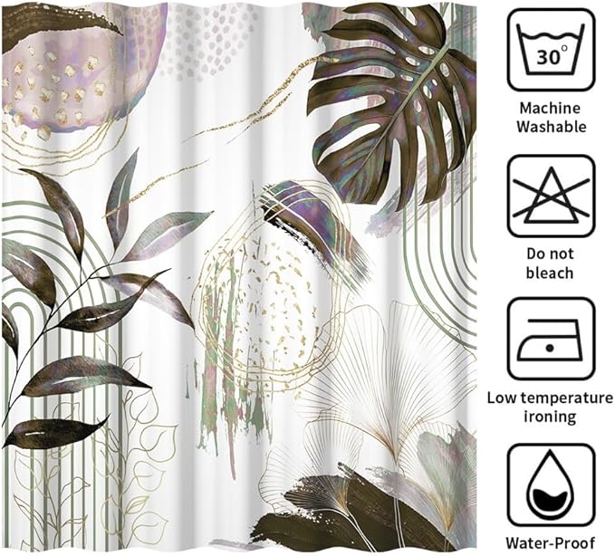 Mid Century Boho Shower Curtain Dark Brown and Purple Palm Leaf Abstract Minimalist Aesthetic Bathroom Decor Watercolor Plant Bathtub Curtain Washable Waterproof Polyester Fabric with Hooks 69x70 Inch