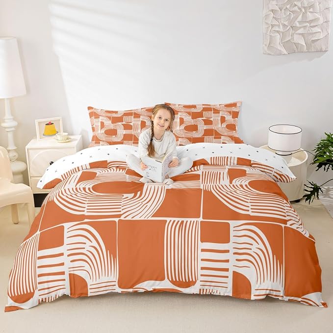 Erosebridal Mid Century Kids King Bedding Set Bohemian Ethnic Comforter Cover for Boys Teens Adult Boho Geometric Duvet Cover 3-Piece Modern Simple Orange Stripes Bed Sets Lightweight Bedroom Decor