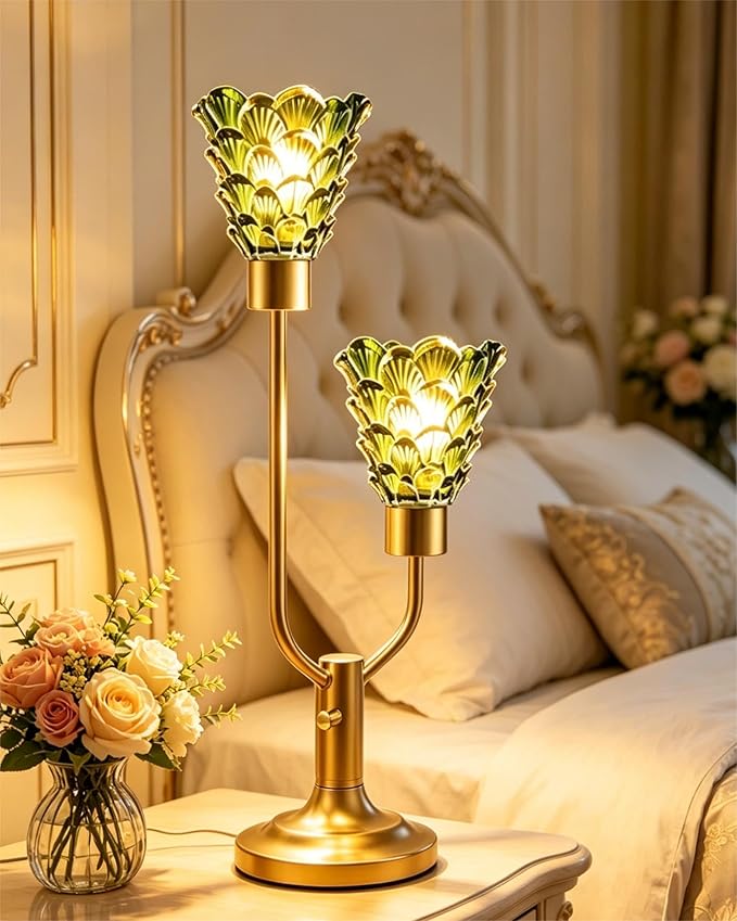Lightdot Vintage Green Glass Table Lamp for Living Room Dimmable Mid Century Modern Desk Lamp Gold Nightstand Lamp 2 Bulbs Included Warmwhite Ambient Bedside Lamps for Bedroom Home Office Decor Gift