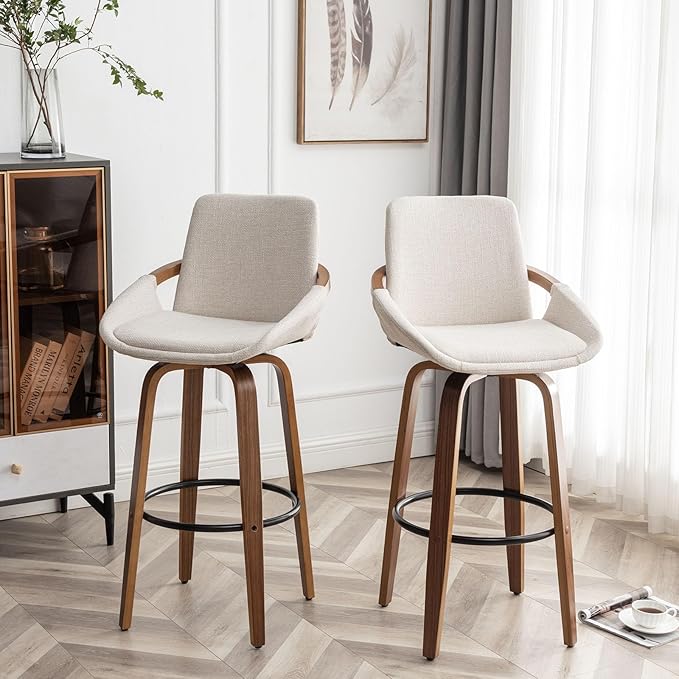 LUNLING 25.6" Counter Height Barstools Mid Century Modern Retro Bar Chairs Charcoal Beige Linen Look Fabric Upholstered and Walnut Wood Frame for Home Bar Furniture Beige,1PCS
