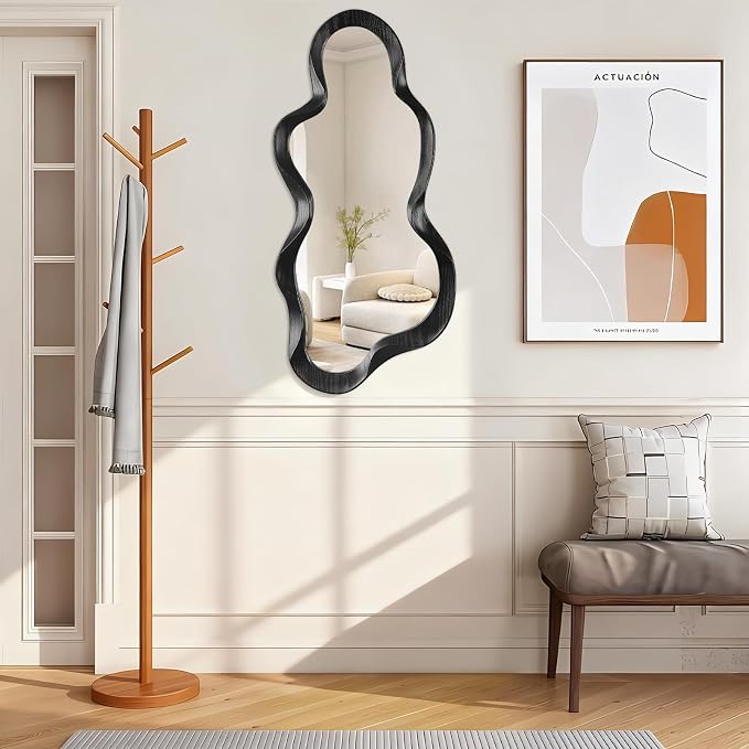 Asymmetrical Mirror Irregular Wall Mirror Modern Wood Frame Unique Mirrors Cute and Stylish Cloud Wavy Mirrors Decorative for Cloakroom Bedroom Living Room Bathroom Entryway 30"x14"