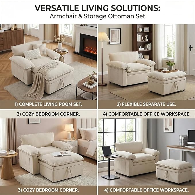 Furnimart Oversized Accent Chair with Storage Ottoman, Super Plush Cloud Chair, Chunky Cushion Chenille Chaise Lounge for Living Room Bedroom Reading Nook, Beige