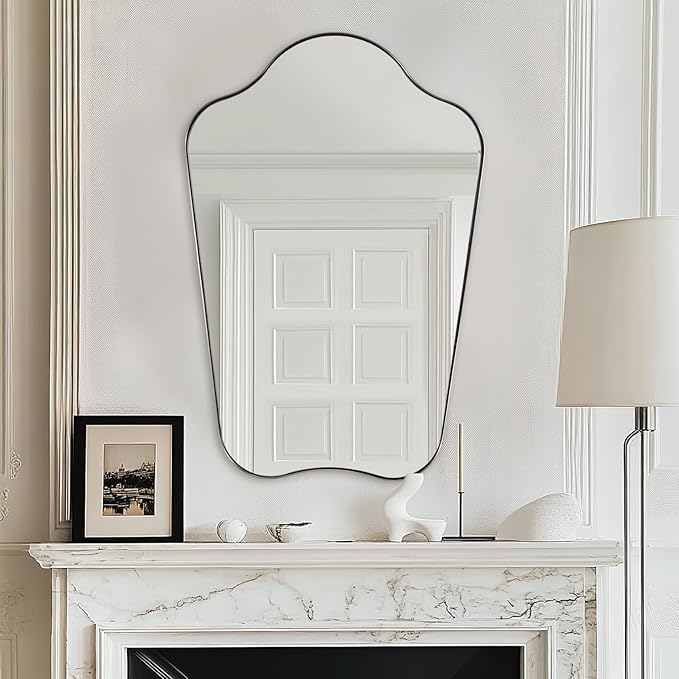 ANDY STAR Brushed Nickel Bathroom Mirror, 24x36 Scalloped Wall Mirror for Vanity, Asymmetrical Shaped Mirror for Entryway, Bedroom, Anti-Rust Stainless Steel Frame