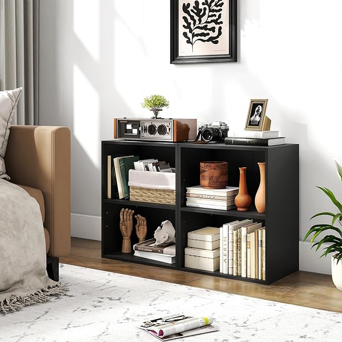 Giantex Bookshelf and Bookcase Set of 2, 2-Cube Storage Shelf W/Large-Capacity Open Storage Space for Living Room Bedroom Study Office Multi-Functional Furniture Display Cabinet, Black