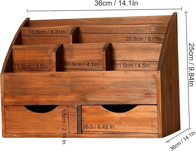 Vintage Rustic Wooden 2 Drawer with Shelf Office Desk Organizer & Mail Rack For Desktop,Box for Office Home Toiletries Supplies Vanity, No Assembly Required (J03) (Brown)