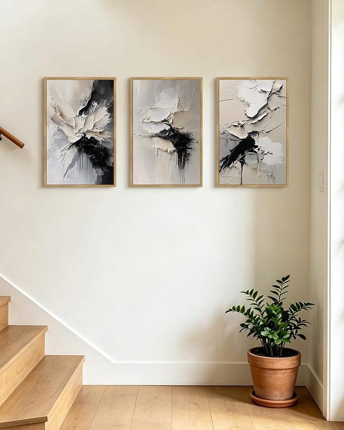 KUVIOKE Navy Blue Abstract Framed Wall Art Minimalist Graffiti Pastel Wall Decor Modern Neutral Color Block Illustration Painting Brush Stroke Art Home Decor 16x24in (Natural Framed)