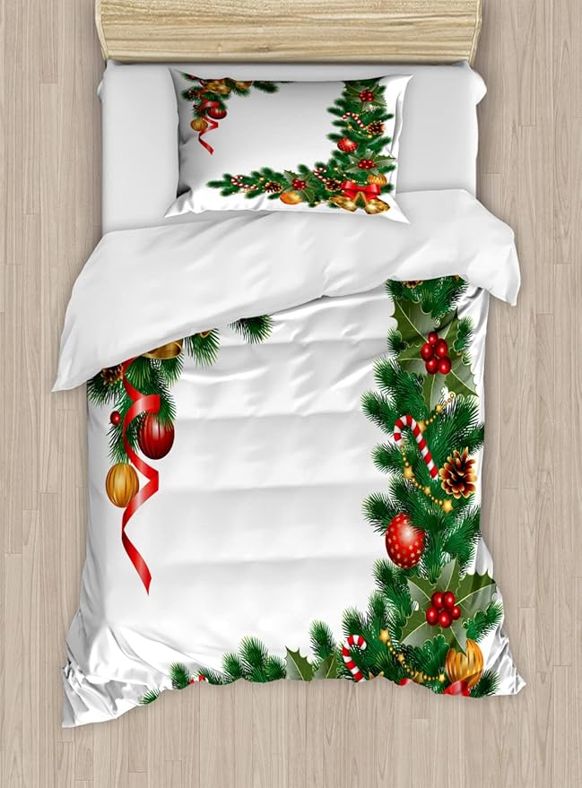 Ambesonne Christmas Duvet Cover Sets, Noel Themed Illustration Fir Tree Ornaments Classical New Year Concept Print, Bedding Set with 2 Duvet Covers 4 Pillowcases, 2 Pack Cal King Size, Forest Green