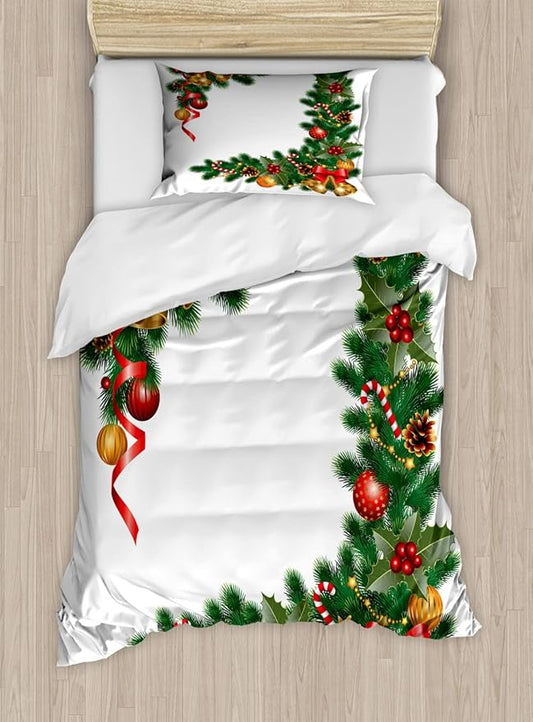 Ambesonne Christmas Duvet Cover Sets, Noel Themed Illustration Fir Tree Ornaments Classical New Year Concept Print, Bedding Set with 2 Duvet Covers & 2 Pillowcases, 2 Pack Twin Size, Forest Green