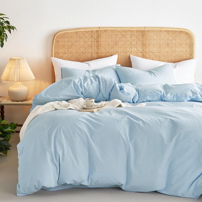 Wake In Cloud - Cotton Duvet Cover Set, 100% Washed Cotton, Linen Like Textured, Breathable Durable Comfy Farmhouse Neutral Bedding Set, 3 Pieces, Sky Blue, Twin/Twin XL Size