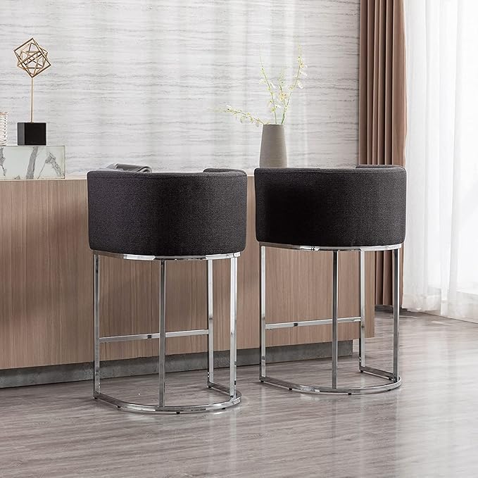 Contemporary Charcoal Linen Bar Stools Set of 3, 29" Upholstered Fabric Counter Height Barstools Kitchen Counter Island Stools with Chrome Metal Base