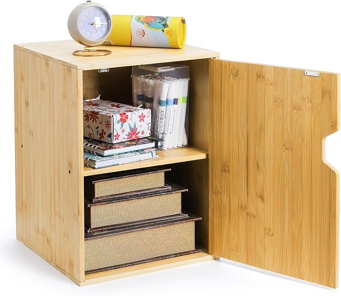 Fasmov 2 Tiers Cube Storage Organizer, Bamboo Bookshelf, Display Bookcase, Storage Cube Cubby Organizer with Door, Stackable Cubes Bin Small Cabinet for Bedroom, Home and Office