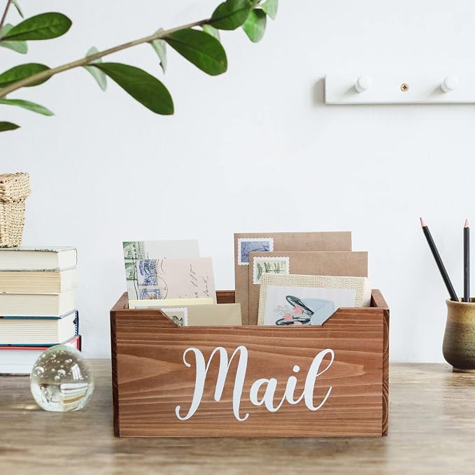 Elegant Designs HG2010-NMW Rustic Farmhouse Wooden Tabletop Decorative Script Word Mail Organizer Box, Letter Holder Office-Accessories-and-décor, Natural Wood/White