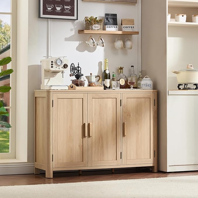 Joaxswe Sideboard Buffet Cabinet with Storage, 46" Arc-Shaped Credenza with 3 Doors & Adjustable Shelves, Mid Century Modern Coffee Bar Storage Cabinet for Kitchen, Living Room, Entryway, Natural
