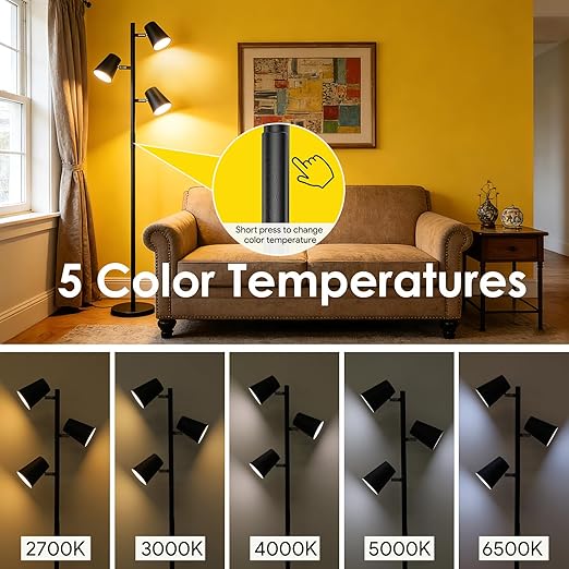 Energetic Dimmable Floor Lamp, Modern LED Tree Lamp, 5 Color Temperature, Standing Light with 3 Adjustable Head for Bedroom, Living Room, Office, ETL, 120V, Black, 1 Pack