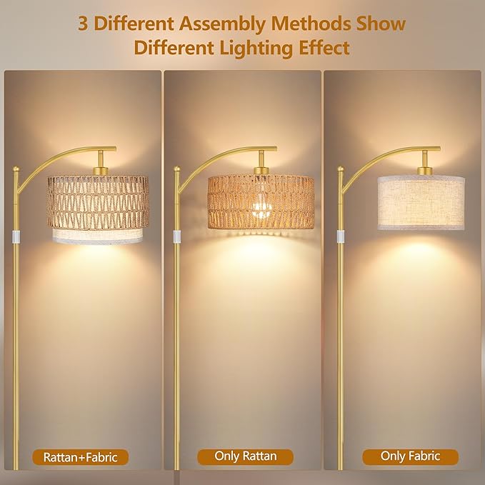 ROTTOGOON Arc Floor Lamps for Living Room, Boho Farmhouse Floor Lamp with Remote & Dimmable Bulb, Standing Lamp with Rattan & Fabric Shades, Adjustable Tall Lamp for Bedroom Office-Gold