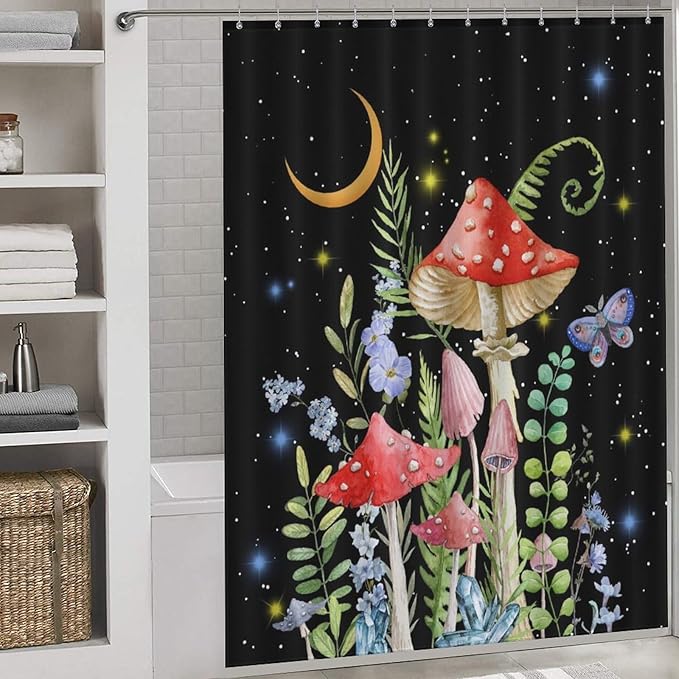 Mushroom Shower Curtain for Bathroom, Magic Gothic Fairy Forest Botanical Vintage Mushroom Wildflower Plants Herbs Farmhouse Country Waterproof Fabric Shower Curtain Set with Hooks, 72"x84" Inch