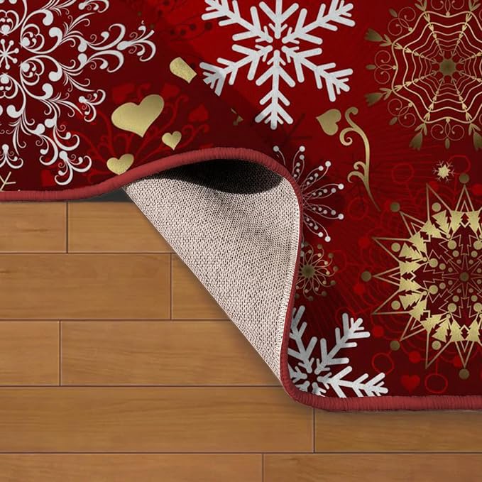 Ansouyi Non-Slip 5x7 ft Area Rugs, Washable Rug Carpet for Living Room, Red Christmas with Gold and White Snowflakes Home Decor Rugs for Game Room Classroom Bedroom Dining Kindergarten Room
