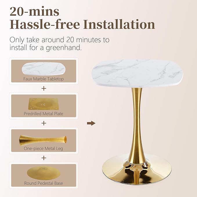 Small Square Dining Table,24" Tulip Table with Metal Pedestal,15-Minute Quick Assembly,Mid Century Modern Leisure Table for Kitchen Small Places Cafe (Faux Marble White Gold)