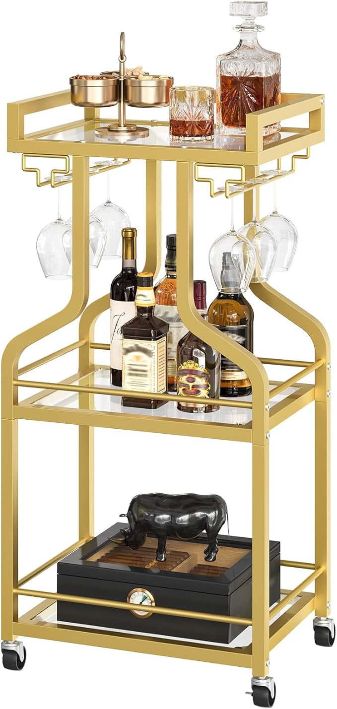 Bar Cart, 3-Tier Bar Serving Rolling Cart with Wheels and Wine Glass Holders, Mobile Beverage and Wine Cart, for Kitchen, Dining Room, Gold TTC30GJ