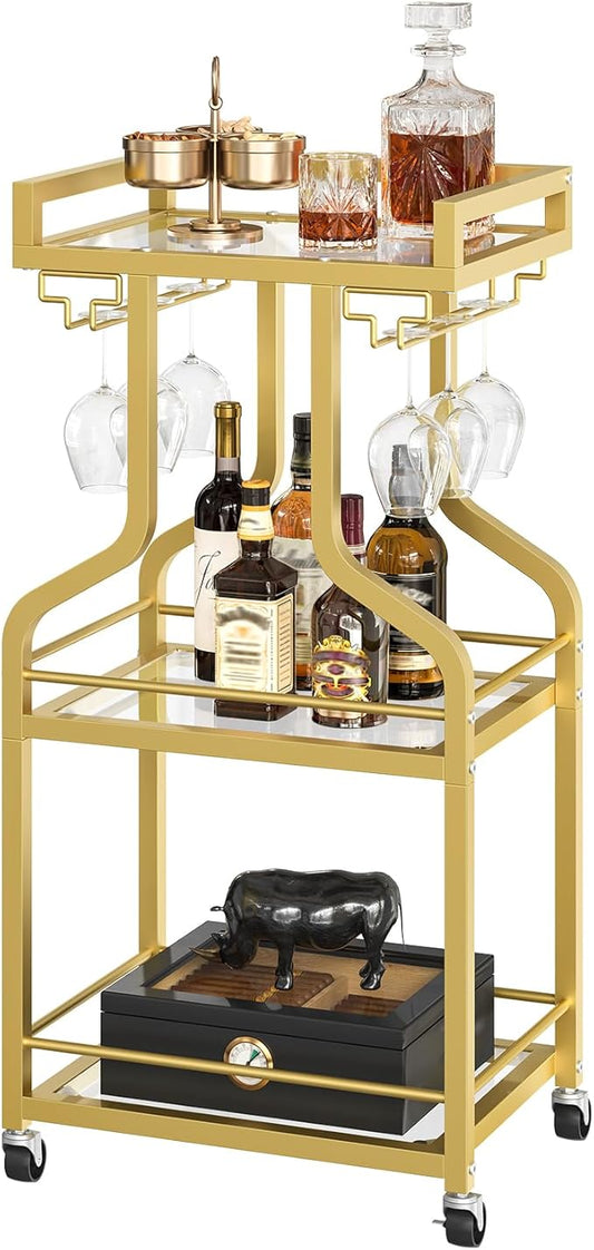 Bar Cart, 3-Tier Bar Serving Rolling Cart with Wheels and Wine Glass Holders, Mobile Beverage and Wine Cart, for Kitchen, Dining Room, Gold TTC30GJ