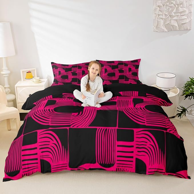 Bohemian Geometric Boys Duvet Cover King Size Mid Century Abstract Bedding Set 3 Piece Hot Pink Boho Ethnic Comforter Cover Modern Abstract Striped Bed Sets For Kids Teens Adult Men Bedroom Decor