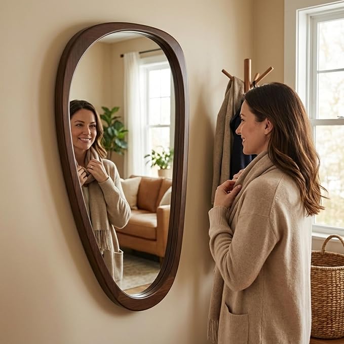 Irregular Asymmetrical Wall Mirror 48"×24" with Solid Wood Frame, Sculptural Mid-Century Modern Decorative Full-Length Wall Mirror for Living Room, Entryway & Bedroom