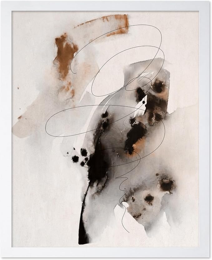 Poster Master Ink Wash Painting Poster - Line on Ink Wash Print - Ink Brush Art - Abstract Illustration - Line Design - Bedroom or Living Room Wall Decor - 11x14 White Framed