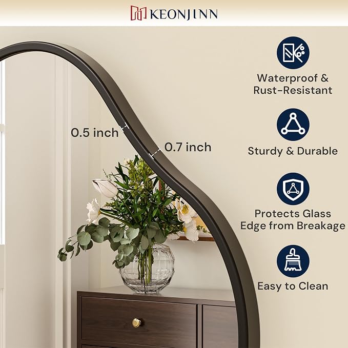Keonjinn Black Irregular Mirrors for Wall 48" x 24" Inch, Asymmetrical Metal Frame, Tempered Glass Decorative Mirror for Bathroom, Bedroom, Living Room, Entryway(Horizontal/Vertical)
