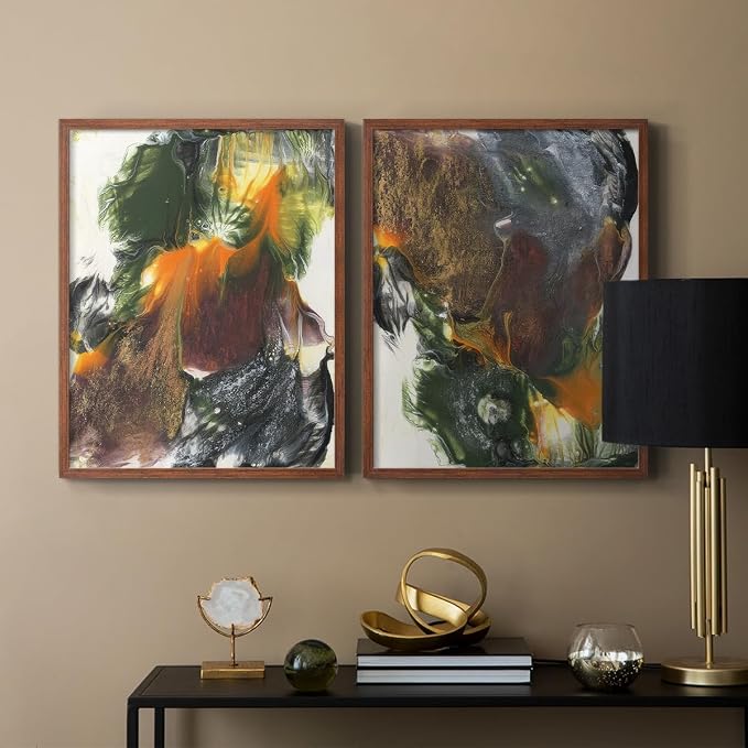 Renditions Gallery Set of 2 Peel & Stick Framed Prints, Watercolor Abstract Wall Art, Colorful Fluid Design Wall Decor, Re-Stickable - Ready to Hang - 16"x20" - Walnut Frame LT588